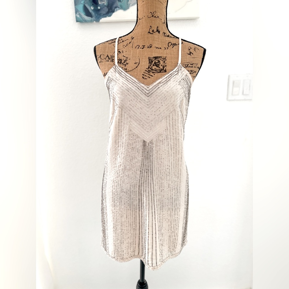 Parker XS White Silver Beaded Metallic Spaghetti Strap Mini Slip Dress